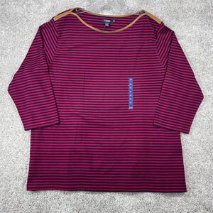 Chaps Womens 2X Red Navy Blue Striped Boat Neck 3/4‎ Sleeve Top Faux Suede Trim